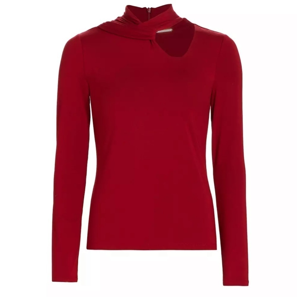 Elie Tahari Red Twist Mock Neck Top Large - Picture 2 of 9